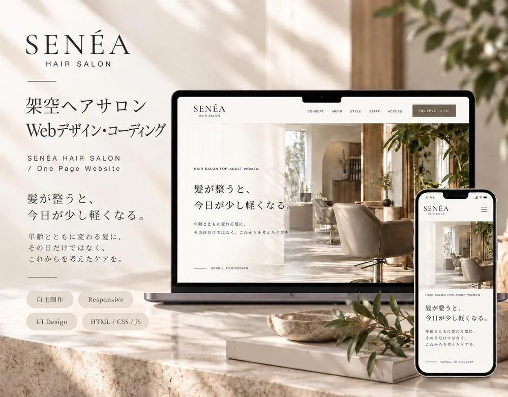 SENÉA:架空のヘアサロンのPC・スマートフォン向けWebサイト制作見本